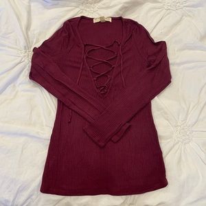 Long Sleeve Top with Deep V and Tie Detail